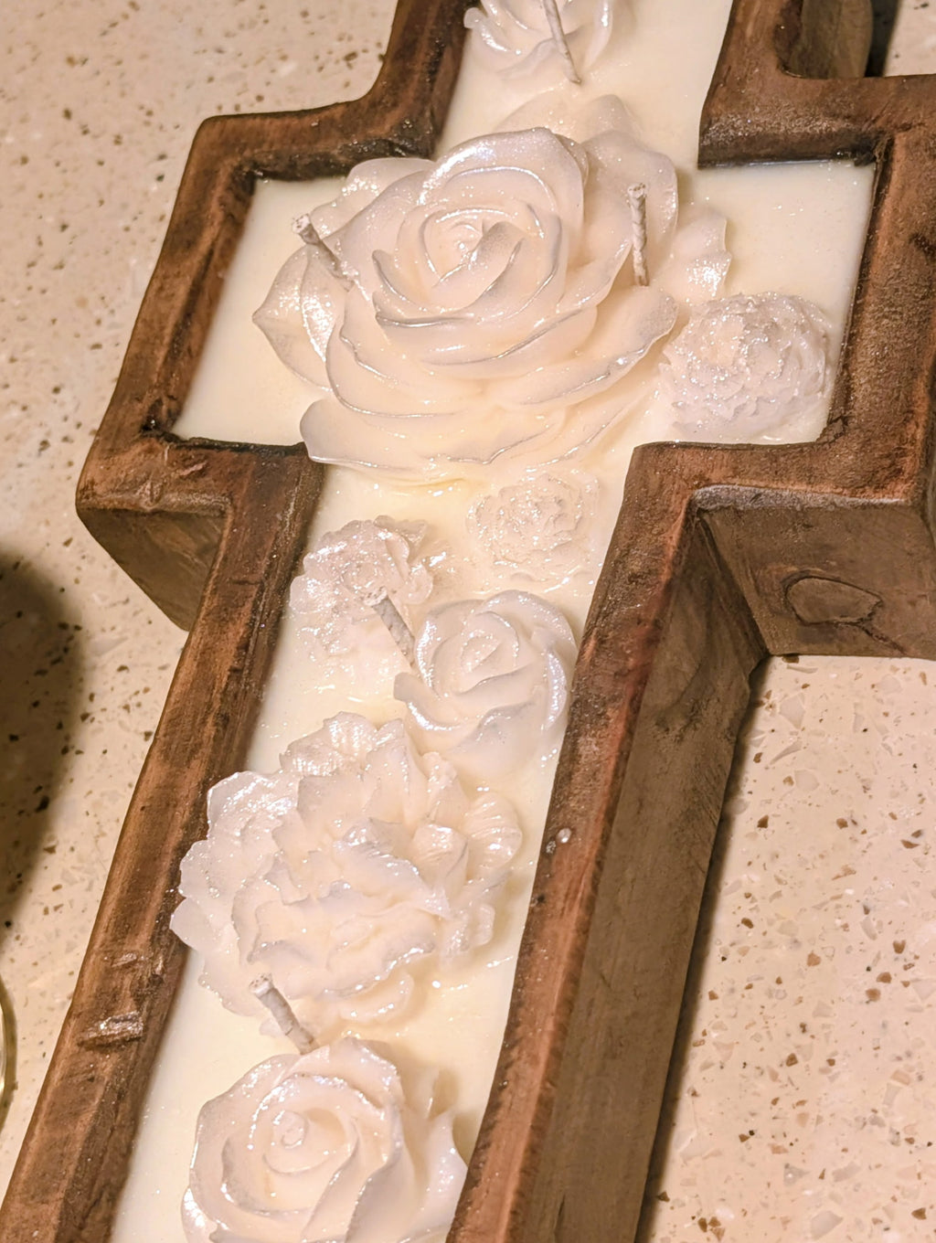 Cross Dough Bowl Candle with Frosted Floral Embellishments