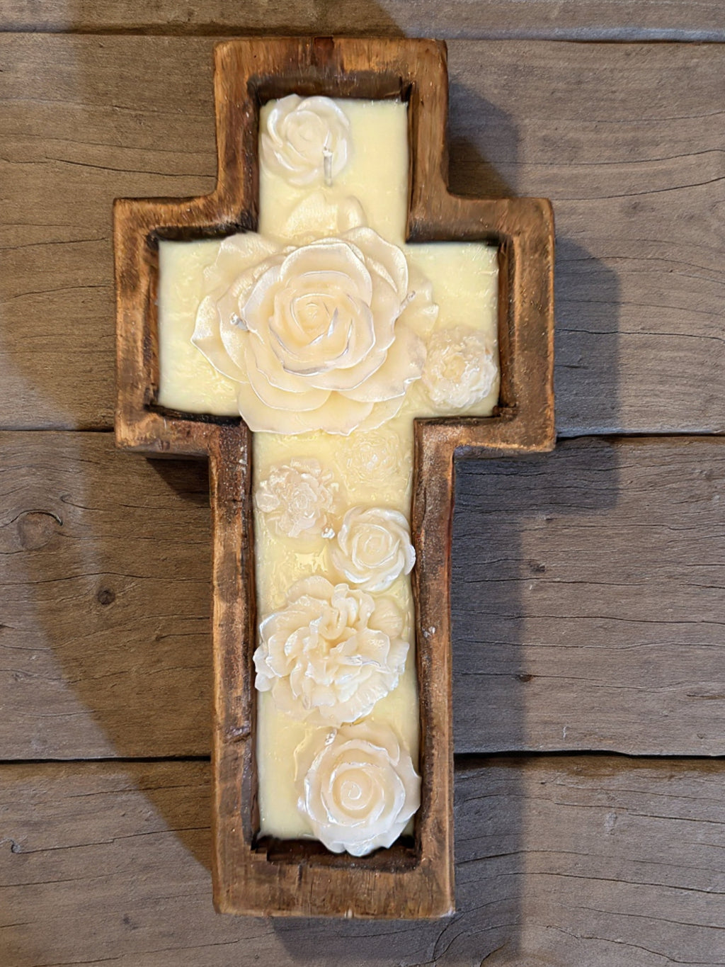 Cross Dough Bowl Candle with Frosted Floral Embellishments
